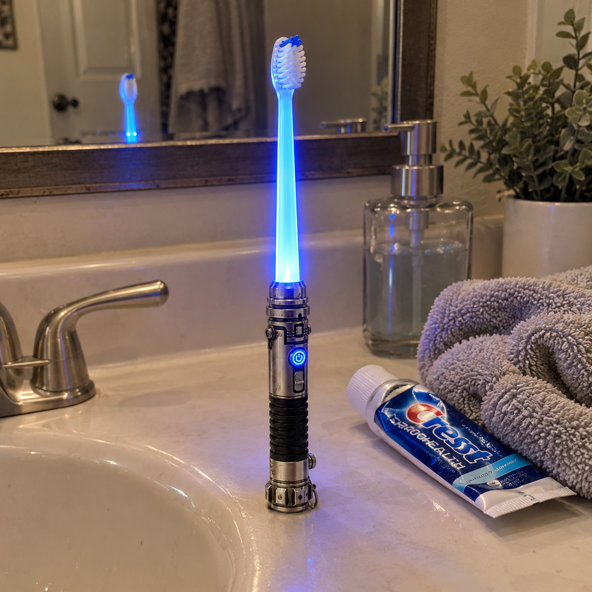 Blue glow toothbrush bathroom