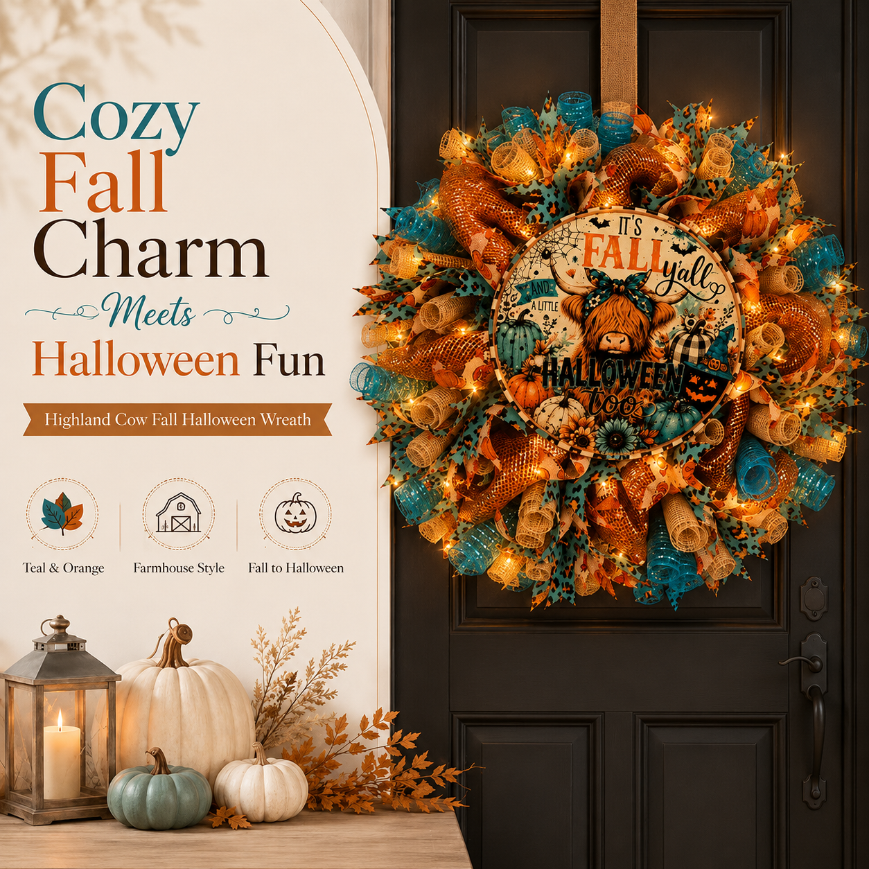 🐮🍂Lighted Highland Cow Fall Halloween Wreath for Front Door