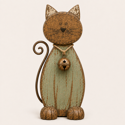 The Little Farmhouse Guardian Cat - Vintage Rustic Metal Cat Decor with Bell Pendant