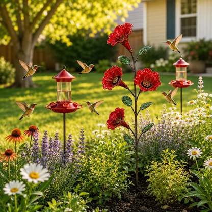 Bring Hummingbirds Closer – 4-Flower Metal Nectar Feeder Garden Stake