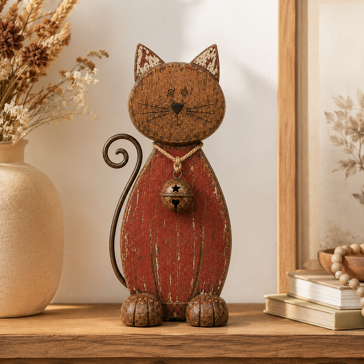 The Little Farmhouse Guardian Cat - Vintage Rustic Metal Cat Decor with Bell Pendant