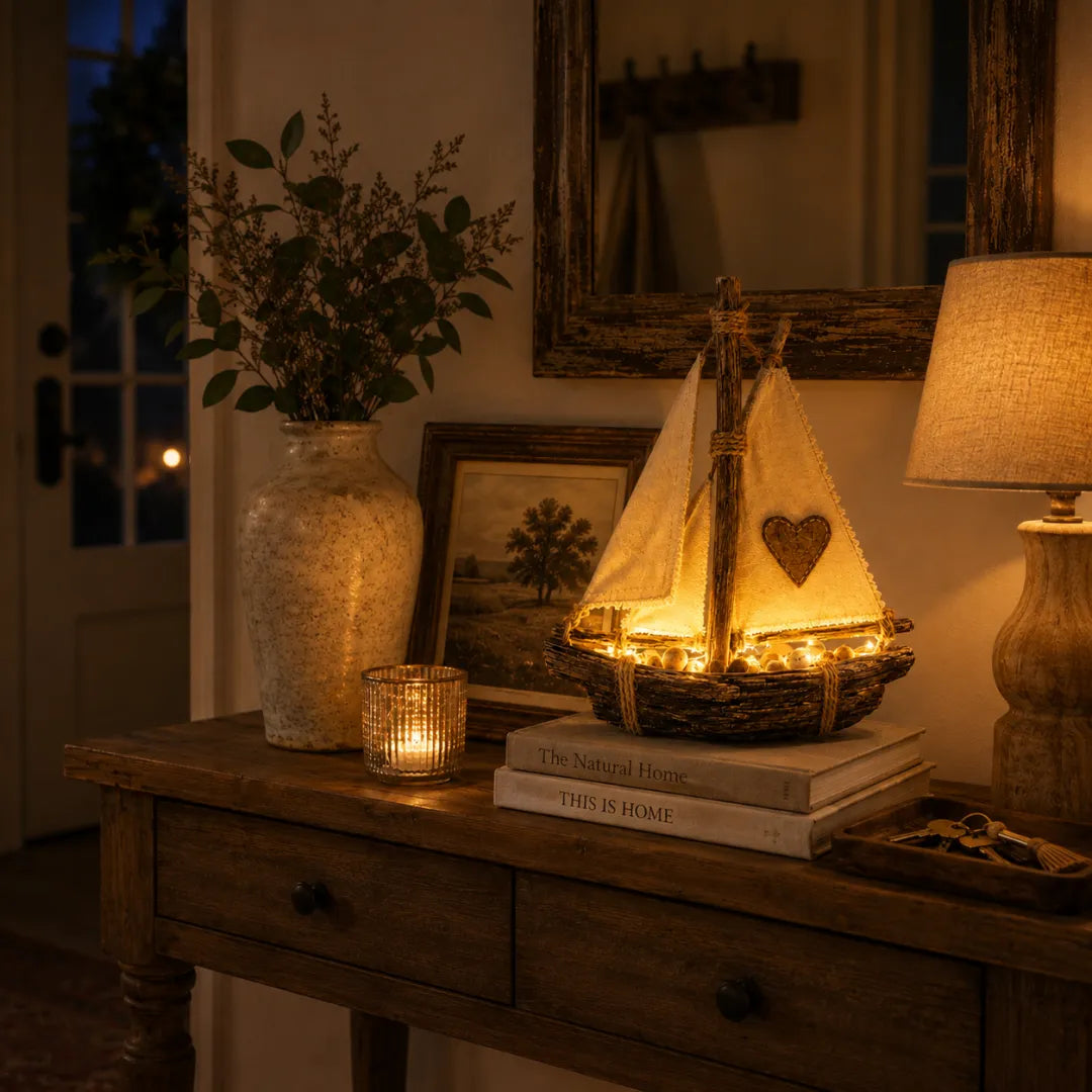 Rustic Lighted Sailboat Decor – Warm Coastal Glow