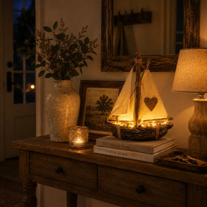 Rustic Lighted Sailboat Decor – Warm Coastal Glow