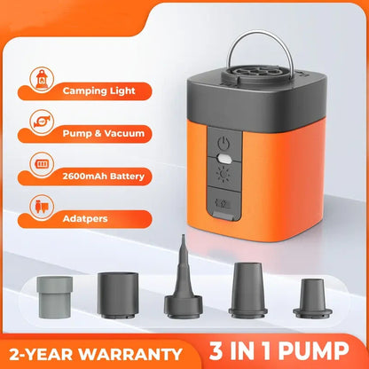 Portable Mini Air Pump — 3-in-1 Electric Inflator/Deflator with LED Light, Ideal for Camping, Pool Floats, and Travel