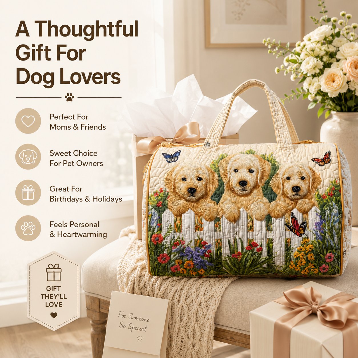 Golden Puppy Garden Quilted Travel Tote Bag