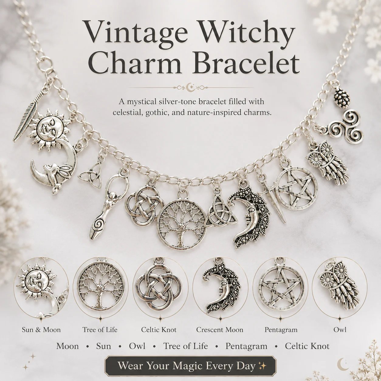 🌙Vintage Witchy Charm Bracelet | Celestial Gothic Boho Jewelry for Women