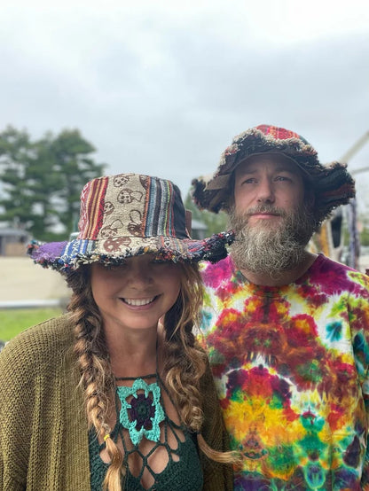 Hippie Haberdashery-🍄Patchwork Multicolored Mushroom Hemp Hat with Hidden Pocket Fedorahats🎩