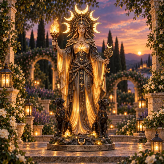 Hecate Goddess Guardian Statue | Lighted Triple Moon Goddess with Twin Hounds, Torch & Key