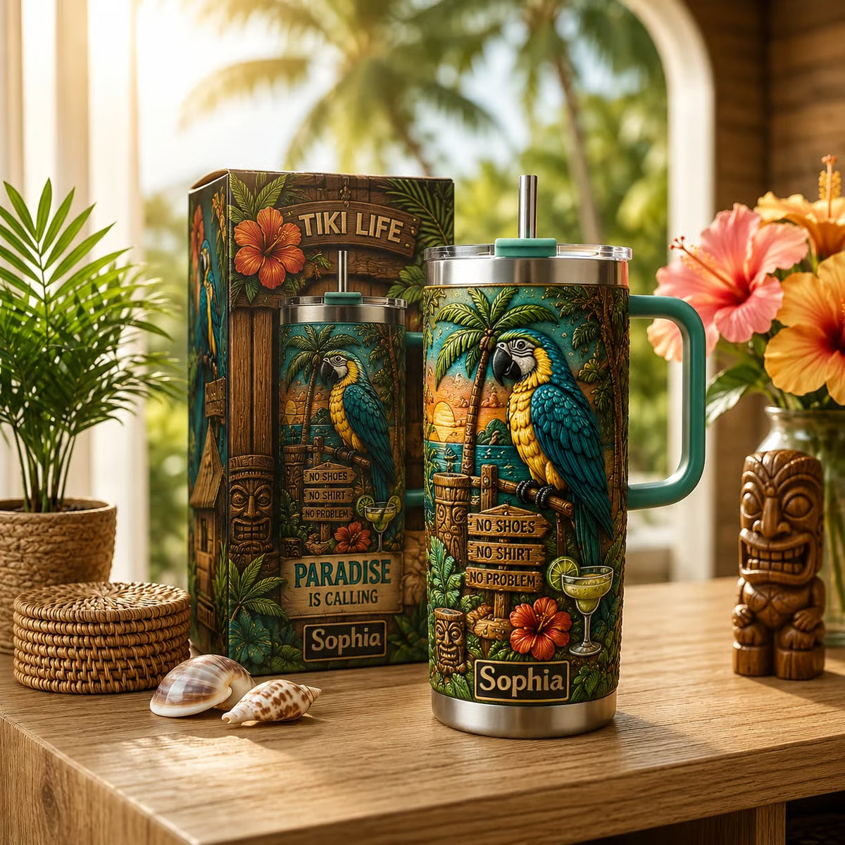 🦜 Personalized Tiki Life Tropical Parrot Beach Handle Tumbler
