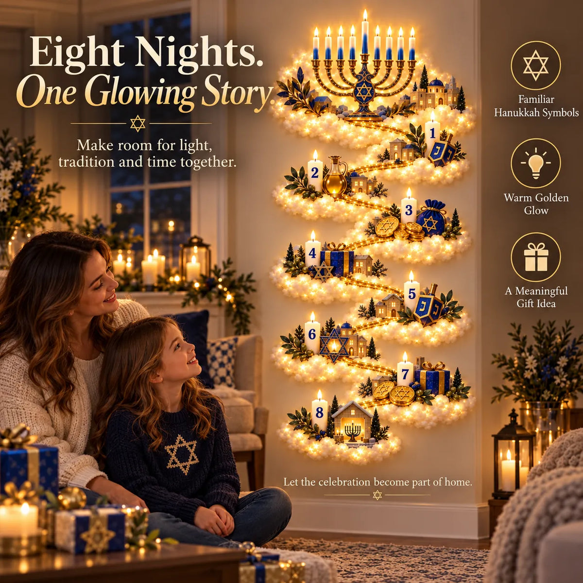 🕎✨ Eight Nights of Golden Light – Glowing Hanukkah Story Wall Collection
