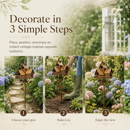Rustic Outdoor Birdhouse Yard Stake for Garden,Lawn, Flower Bed & Patio Decor