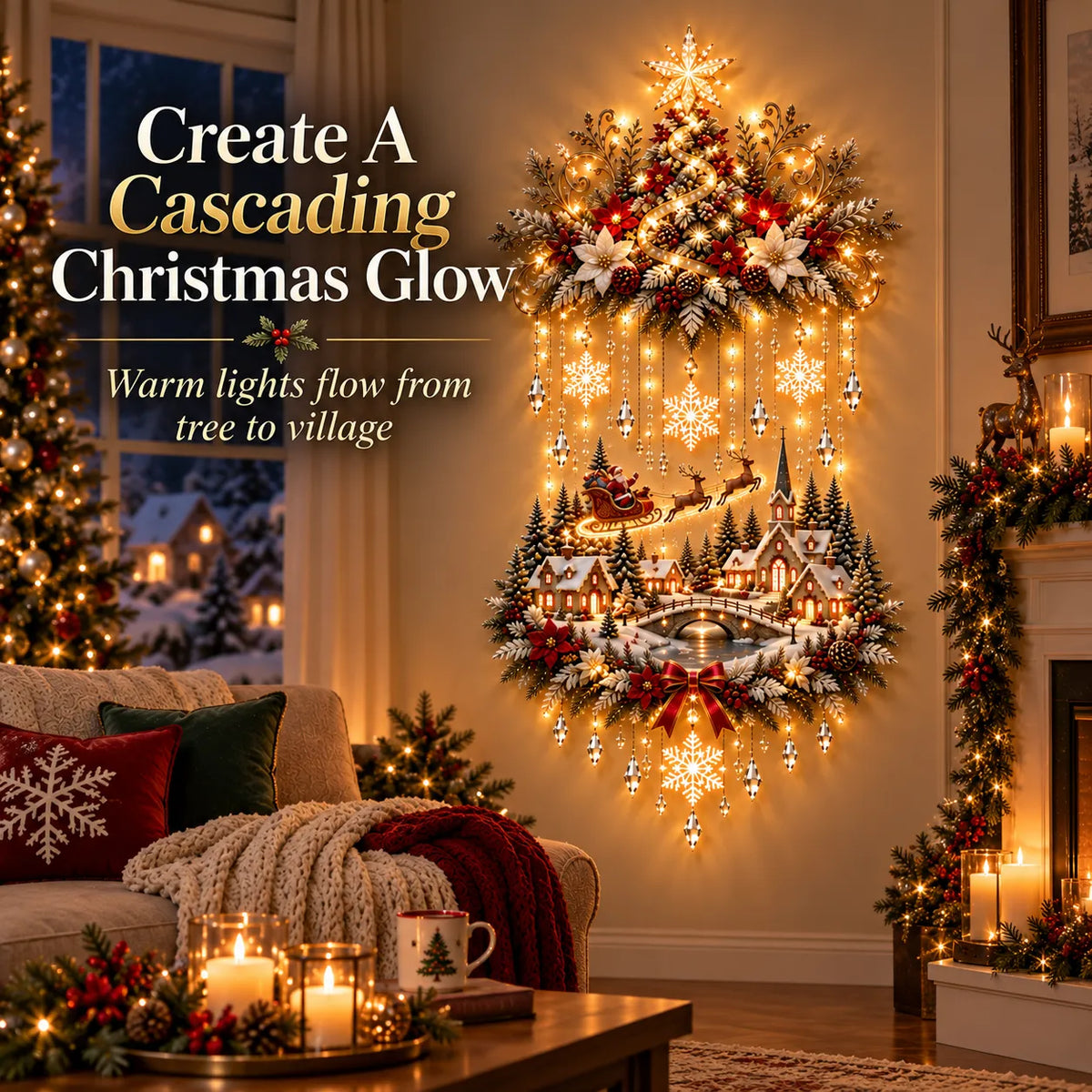 🎄✨ Christmas Village Starfall Wall Display – Warm Light Tree & Snowy Holiday Scene