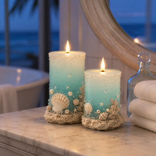 🌊✨Coastal Sea Glass Flameless Candle Set