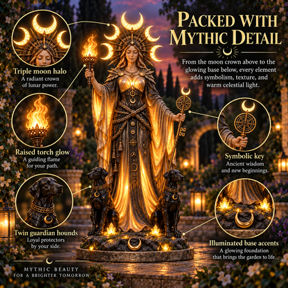 🌙🔥 Hecate Goddess Guardian Statue | Lighted Triple Moon Goddess with Twin Hounds, Torch & Key🎁