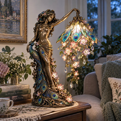 🦚 Peacock Goddess Stained Table Lamp