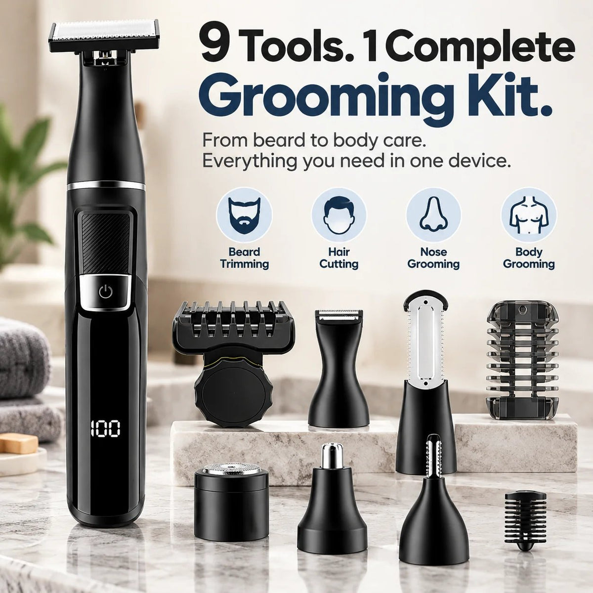 🪒 9-in-1 Electric Grooming Kit For Men – Complete Beard, Hair & Body Trimmer