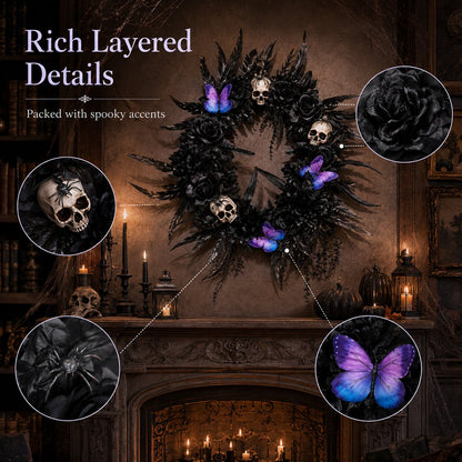 Gothic Wreath with Black Roses & Butterflies, Elegant Decor for Halloween Entryway