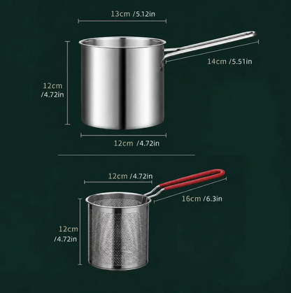 🍟 Personal Mini Deep Fryer Set – Stainless Steel Pot with Lift-Out Draining Basket & Food Tongs