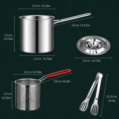 🍟 Personal Mini Deep Fryer Set – Stainless Steel Pot with Lift-Out Draining Basket & Food Tongs