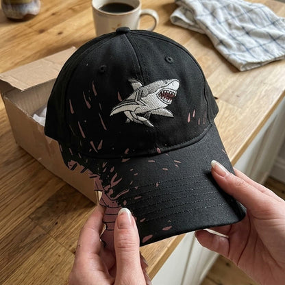 🦈 Shark Bite Baseball Cap | Embroidered Shark • Bite-Shaped Frayed Brim