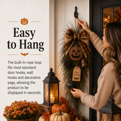 🎃🍂 Rustic Halloween Pumpkin Door Swag – Plaid Bow & Bell Hanging Décor