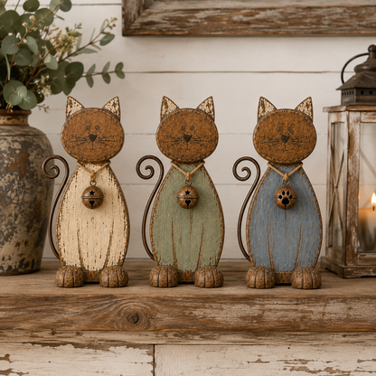 The Little Farmhouse Guardian Cat - Vintage Rustic Metal Cat Decor with Bell Pendant