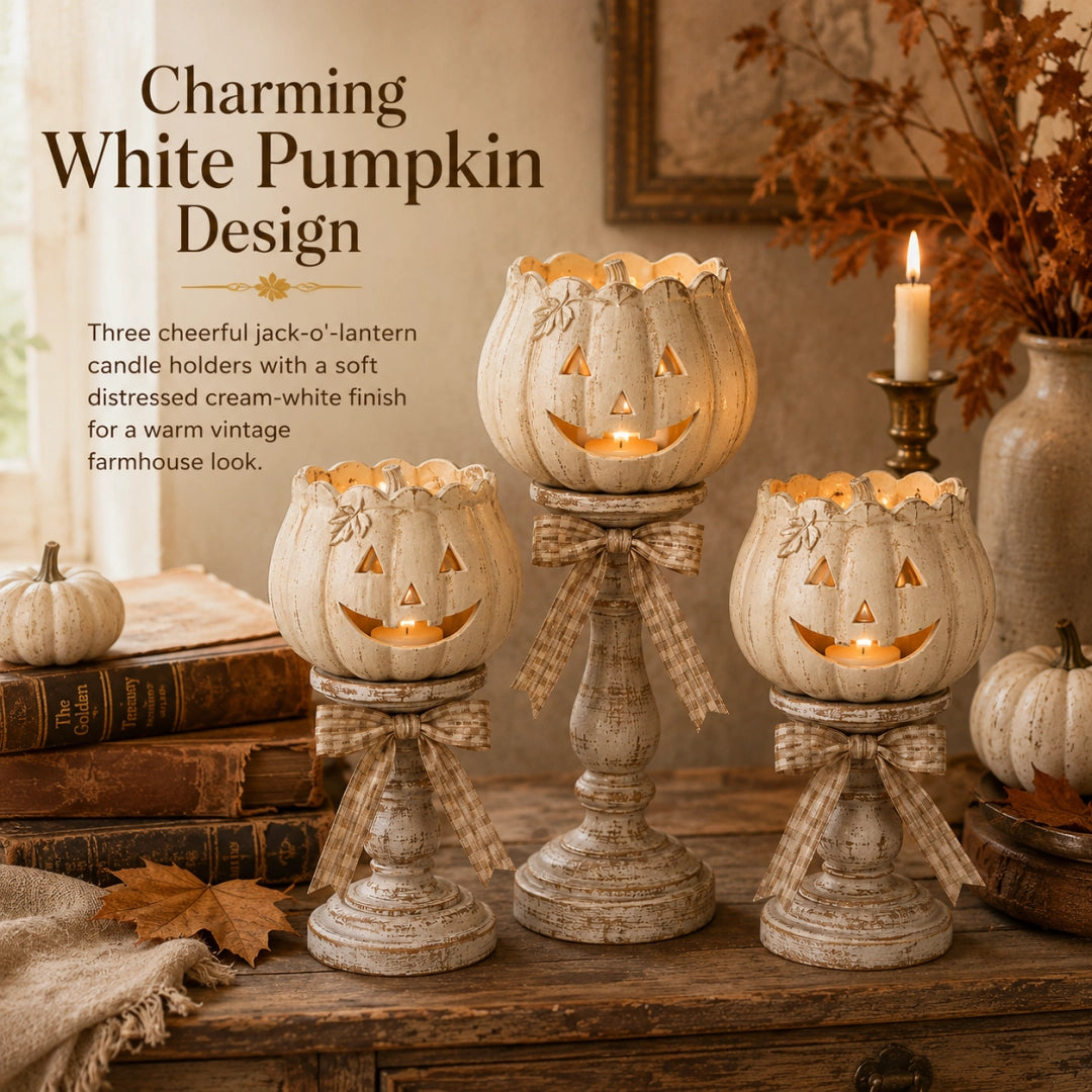 Set of 3 Vintage White Pumpkin Tealight Candle Holders