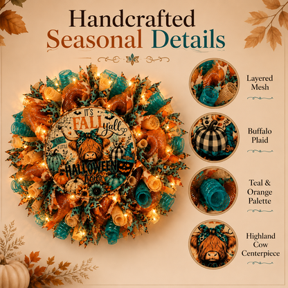🐮🍂Lighted Highland Cow Fall Halloween Wreath for Front Door