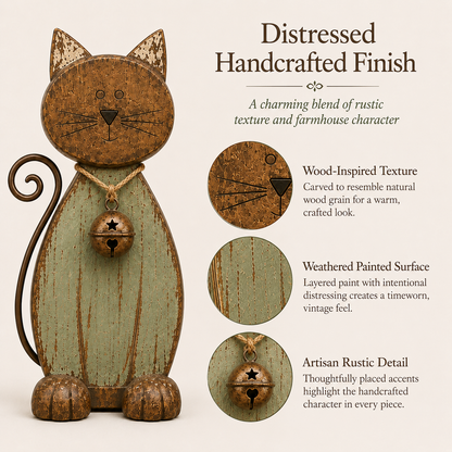 The Little Farmhouse Guardian Cat - Vintage Rustic Metal Cat Decor with Bell Pendant