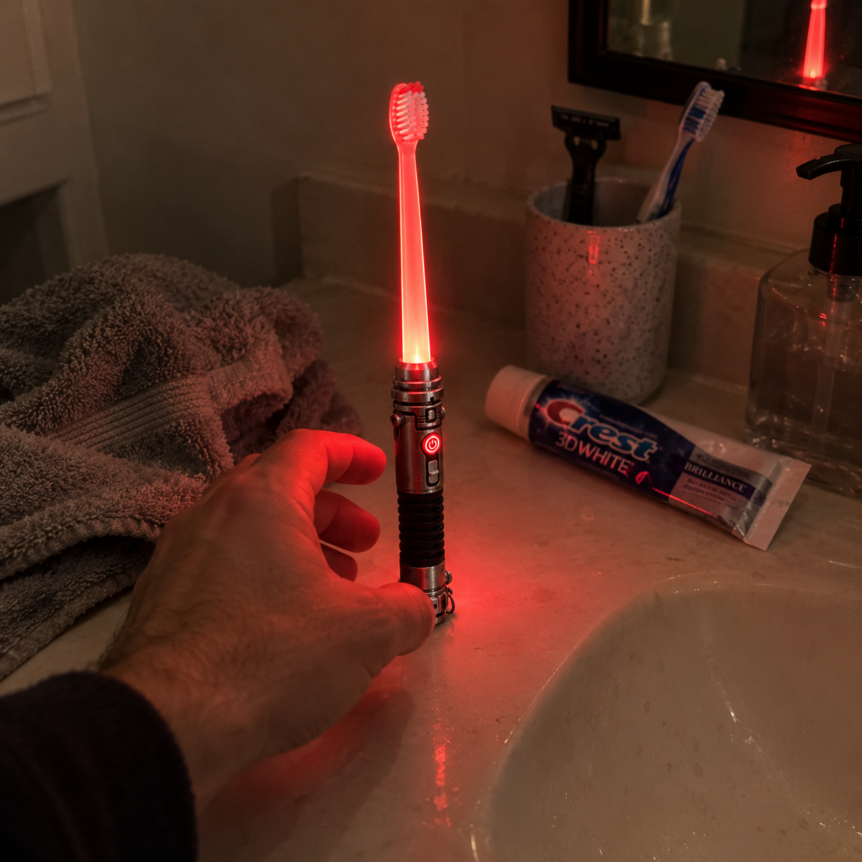 Red glow toothbrush in an evening bathroom setting