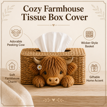 Adorable Peeking Highland Cow Tissue Box Cover – Rustic Farmhouse Decor