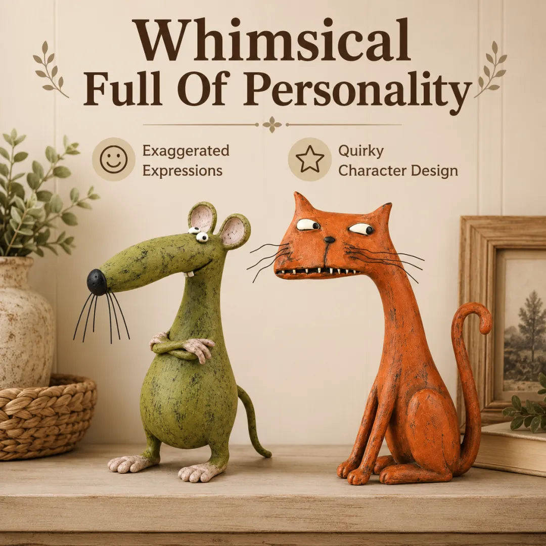 🐱🐭 Mischievous Cat & Mouse Shelf Companions – Vintage Quirky Animal Decor