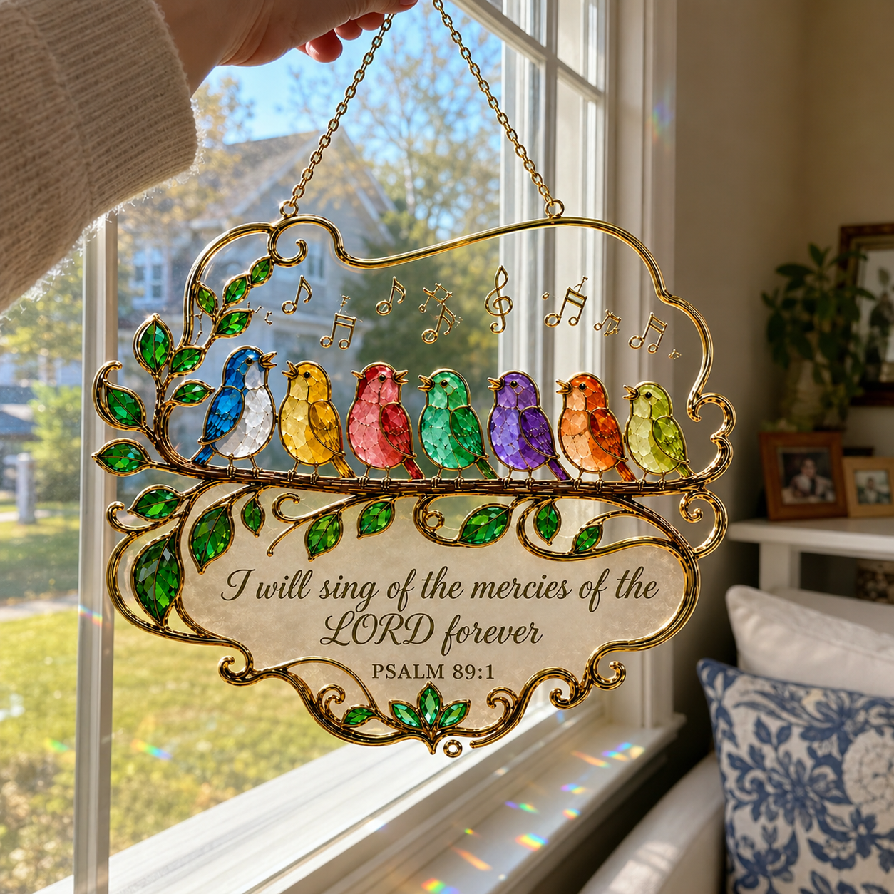 Psalm 89:1 Singing Birds Suncatcher – Christian Window Hanging Decor