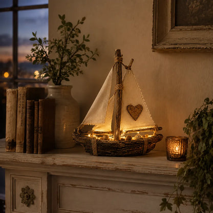 Rustic Lighted Sailboat Decor – Warm Coastal Glow
