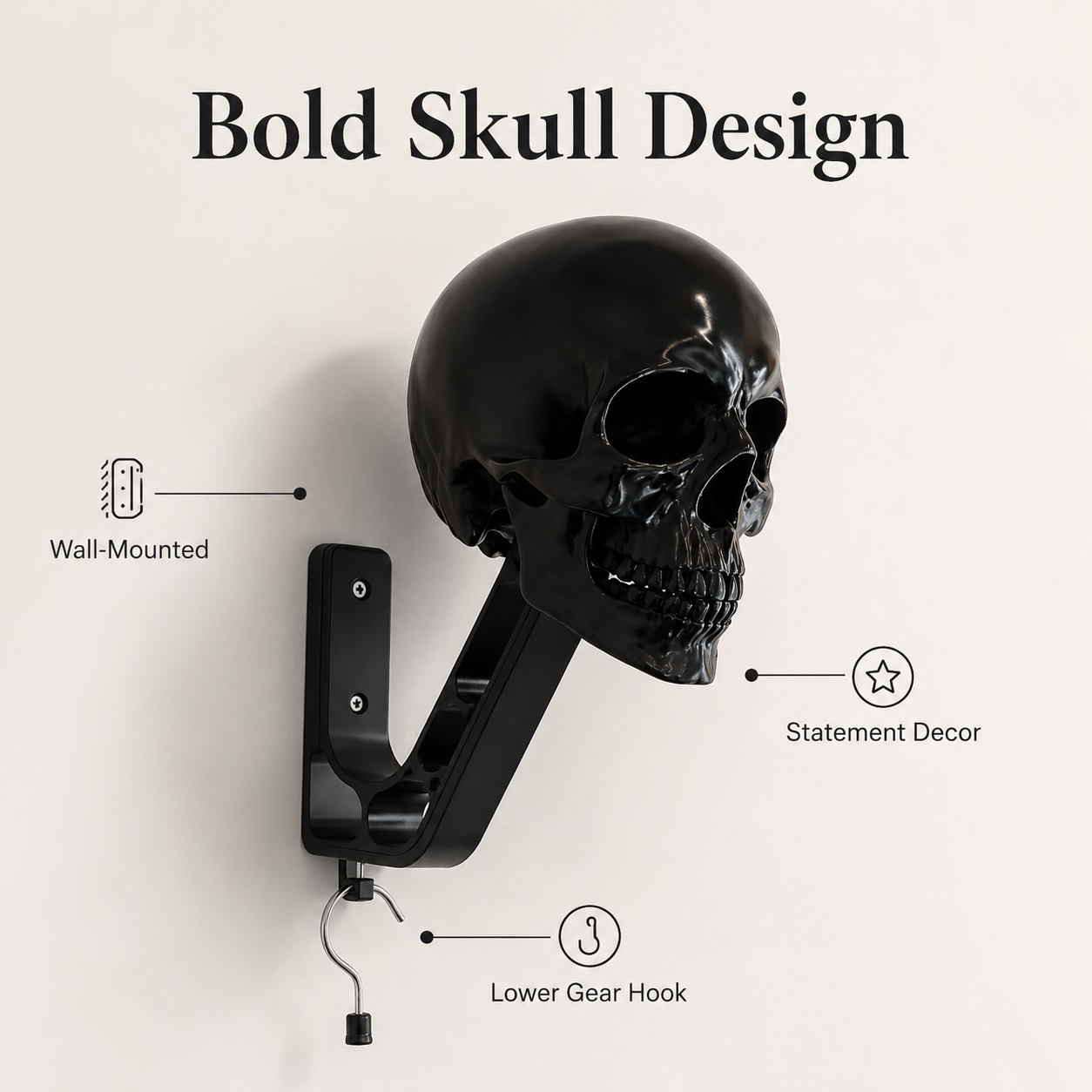 Black skull wall mounted helmet holder