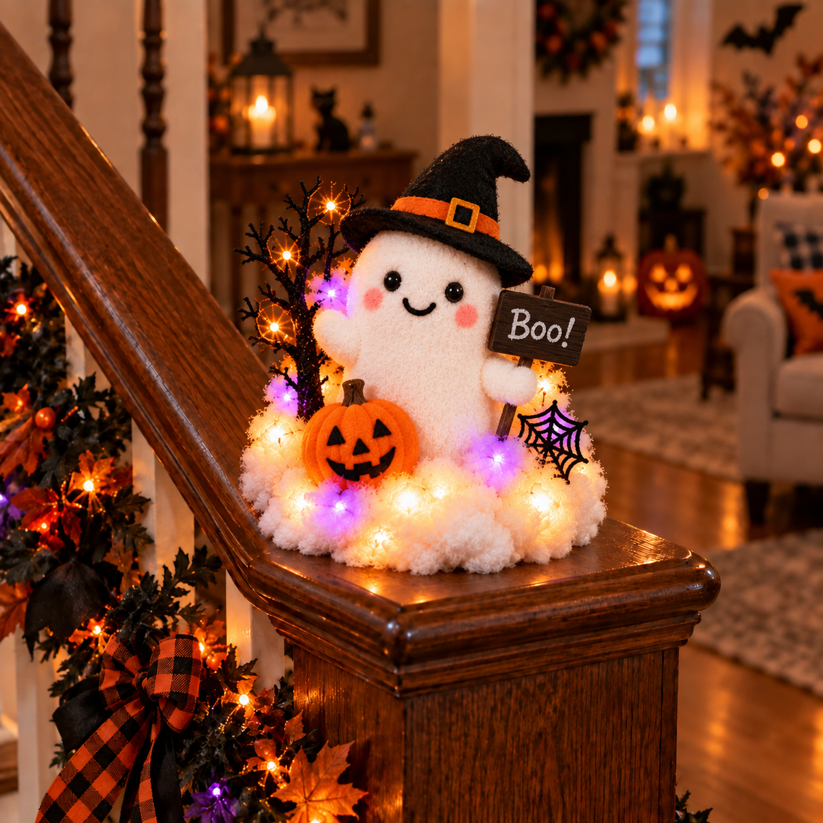 Glowing Ghost Staircase Decor – Cute Halloween Railing Accent