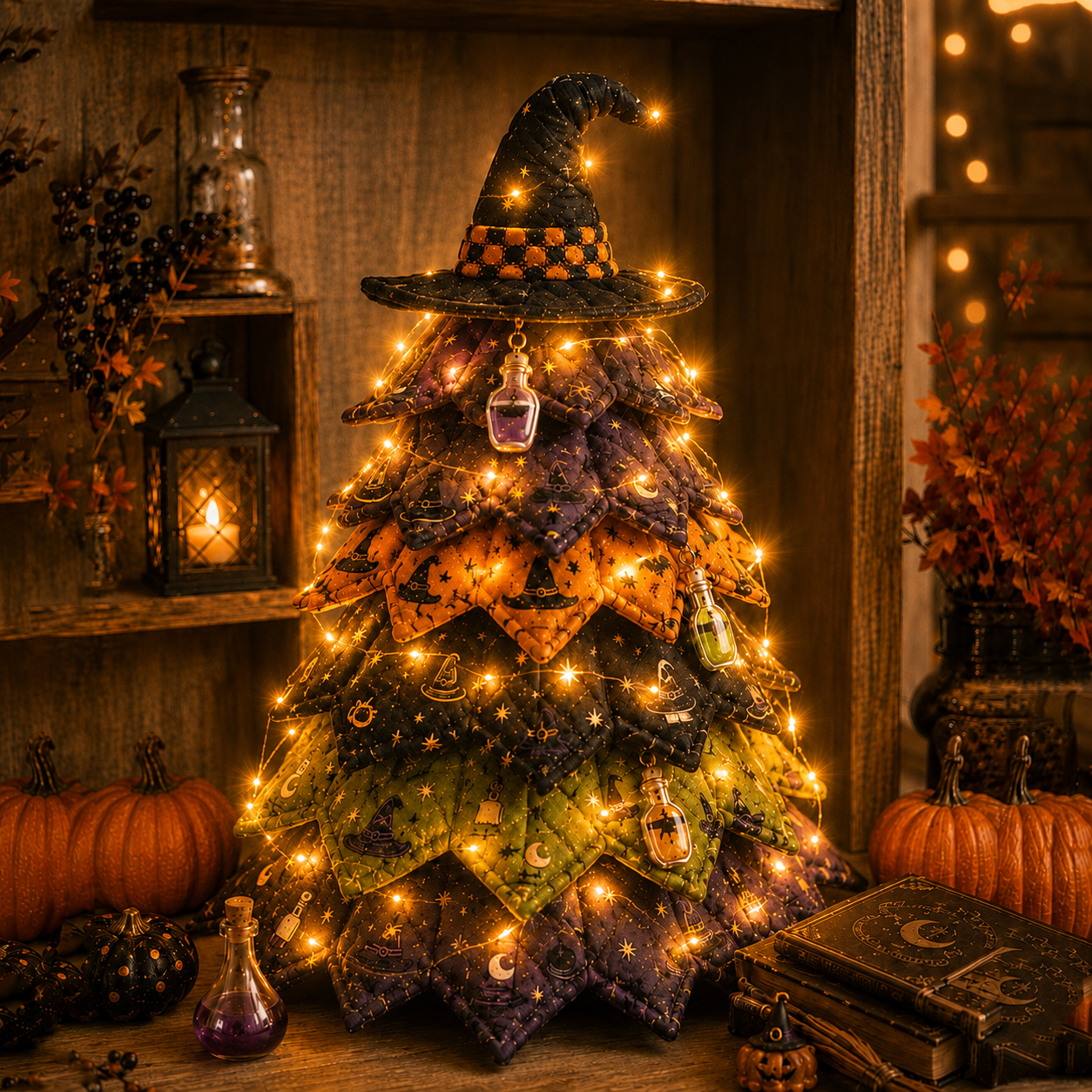 🎃✨ Lighted Halloween Quilted Fabric Tree – Cozy Handmade Glow Decoration