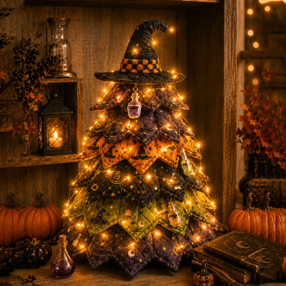 🎃✨ Lighted Halloween Quilted Fabric Tree – Cozy Handmade Glow Decoration