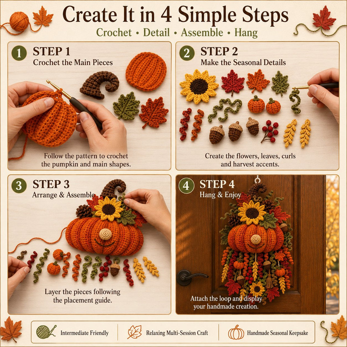 Four simple steps for making the seasonal crochet door hanger