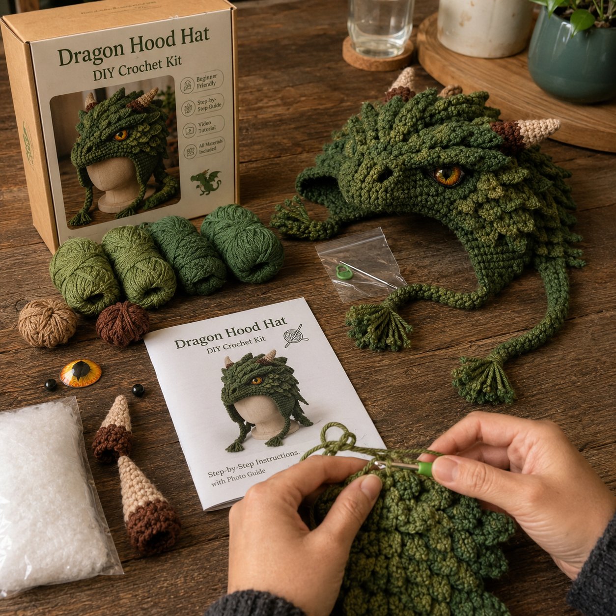 🐉🧶 Fantasy Hood Hat DIY Crochet Kit – Stitch Your Own Magical Character
