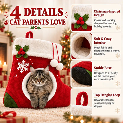 🎄 Christmas Stocking Cat Bed – Ultra-Soft Sherpa Cozy Hideaway for Cats 🐱