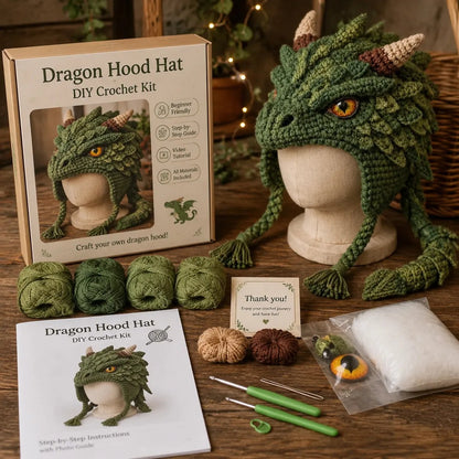 🐉🧶 Fantasy Hood Hat DIY Crochet Kit – Stitch Your Own Magical Character
