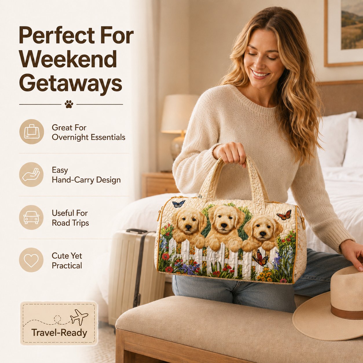 Golden Puppy Garden Quilted Travel Tote Bag