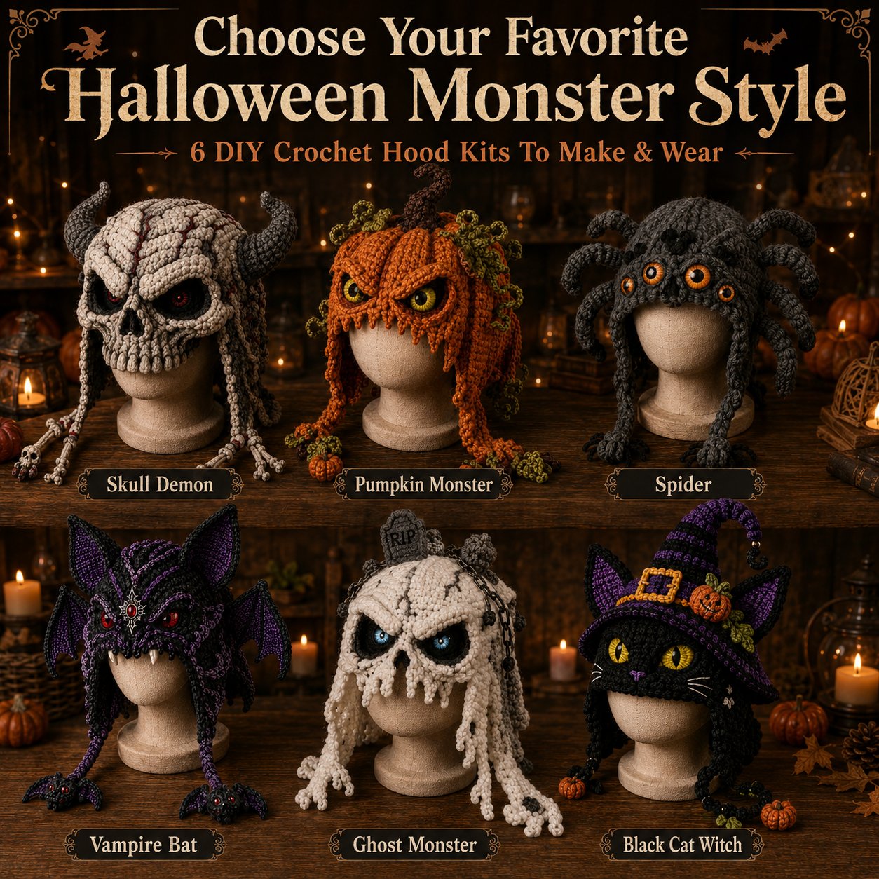 ? LAST DAY 49% OFF – ? Halloween Monster Hood DIY Crochet Kit | Premium Soft Yarn Materials with Step-by-Step Guide DIY Handmade Wearable Character Hood ??✨