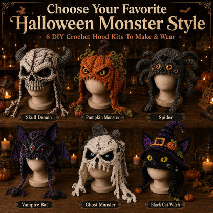 ? LAST DAY 49% OFF – ? Halloween Monster Hood DIY Crochet Kit | Premium Soft Yarn Materials with Step-by-Step Guide DIY Handmade Wearable Character Hood ??✨