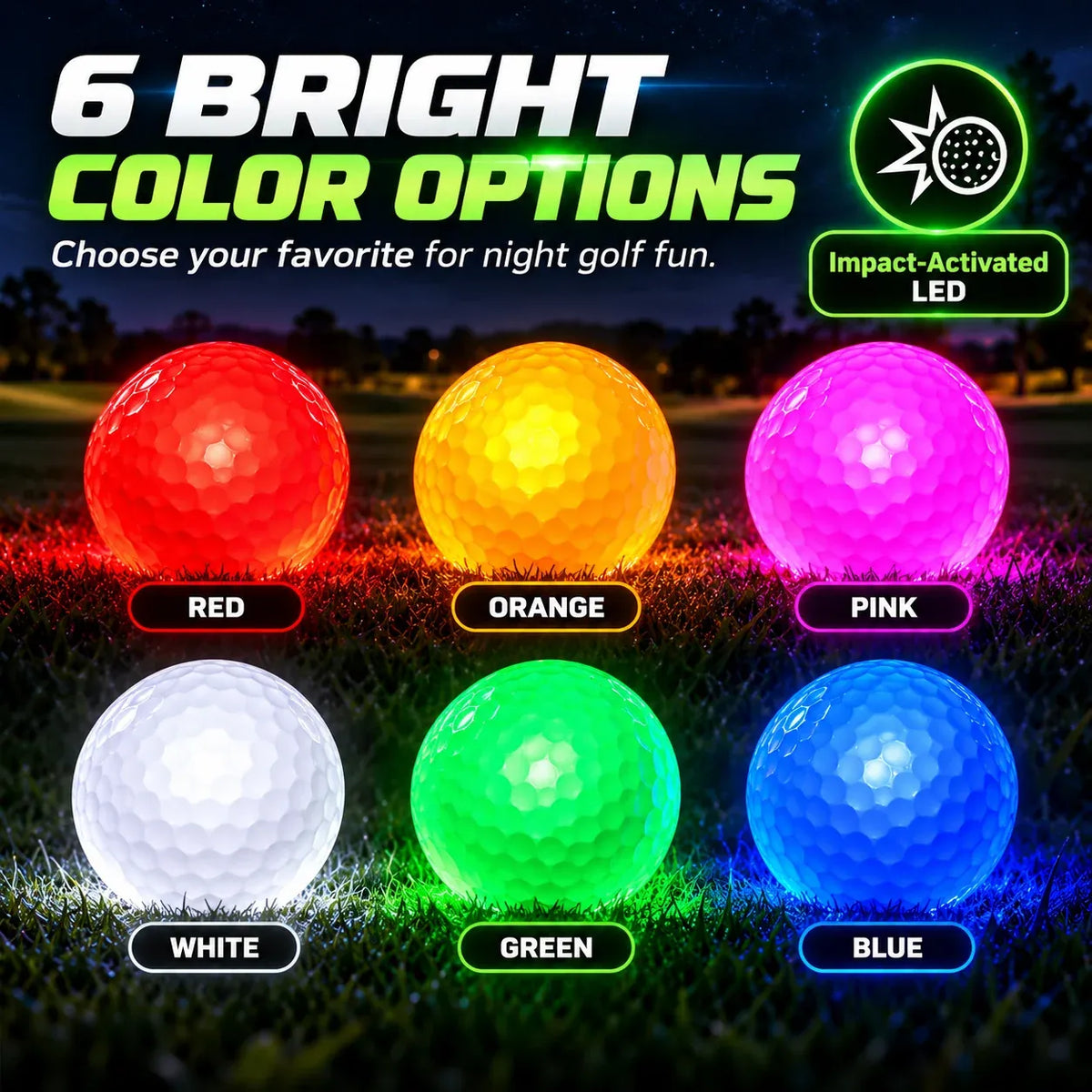 ⛳✨ GlowStrike™ Impact-Activated LED Golf Ball – 6 Brilliant Colors for After-Dark Golf Fun