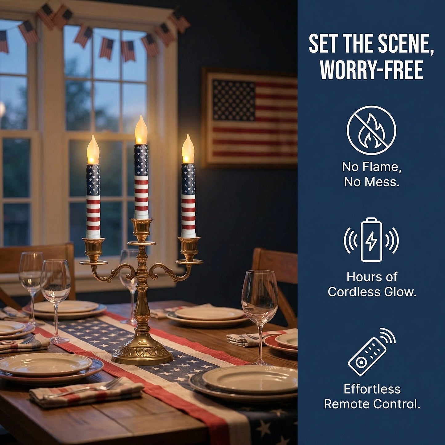 Patriotic LED Taper Candles with Timer-250th Anniversary Red White Blue , Independence Day Decoration