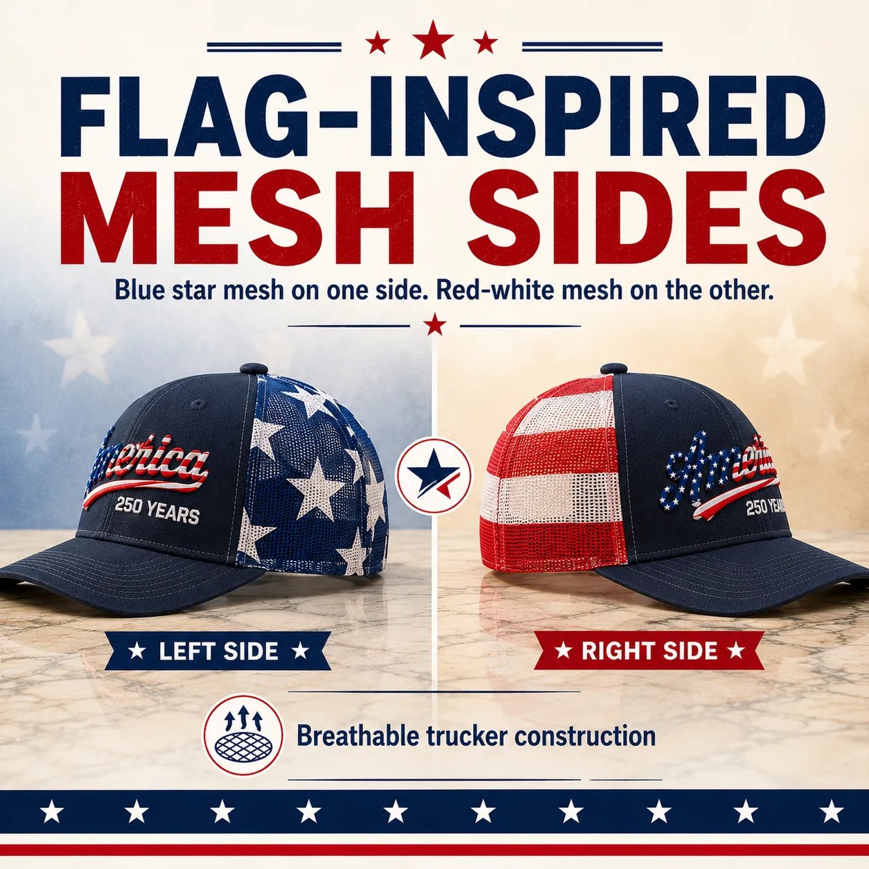 ✨ Father’s Day Sale - ❤️ 🇺🇸 America 250 Years Patriotic Embroidered Mesh Trucker Cap