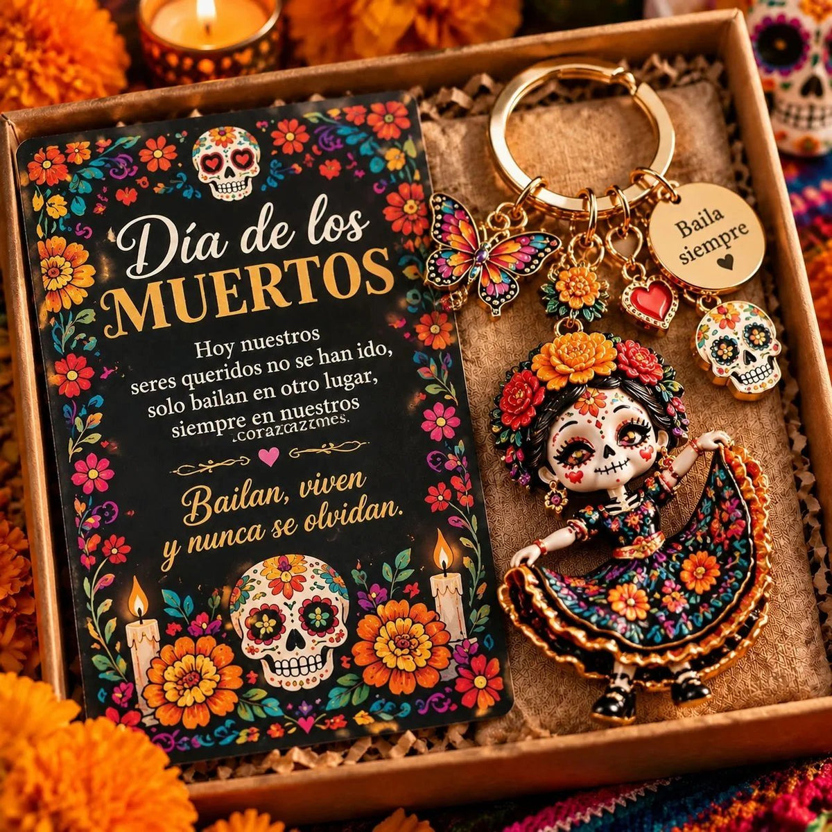 Día de Muertos Charm Keychain | 4 Colorful Floral & Skull-Inspired Styles