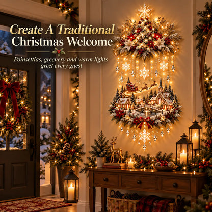 🎄✨ Christmas Village Starfall Wall Display – Warm Light Tree & Snowy Holiday Scene